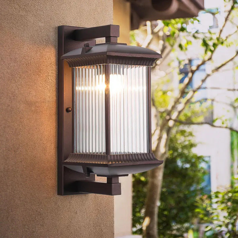 Modern Outdoor Wall Lantern with Ribbed Glass - IP65 Waterproof Metal Sconce Light for Porch & Villa Garden, Oil-Rubbed Bronze
