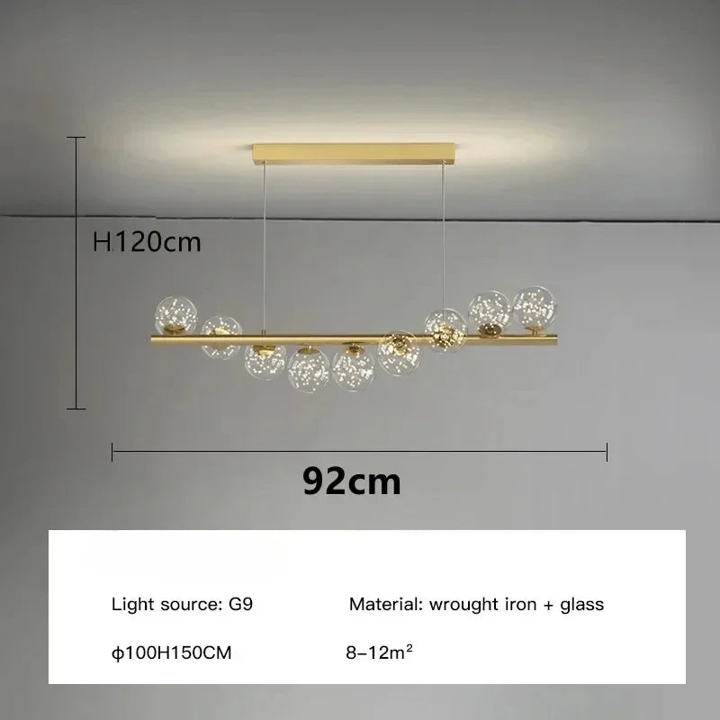 Modern Linear Globe Chandelier - 11-Light Mid-Century Pendant Lamp for Dining Room, 44-Inch (112cm) Gold Finish, Glass Sphere Lighting