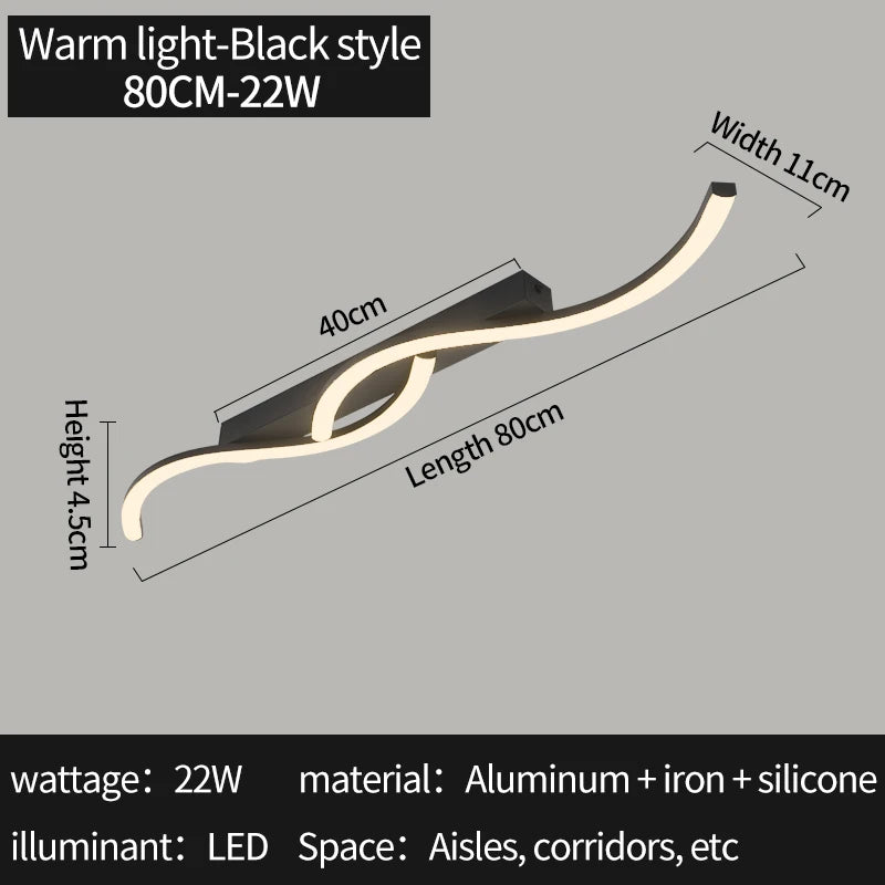 Modern S-Curve LED Flush Mount Ceiling Light - Black Linear Acrylic Fixture for Bedroom, Walk-in Closet & Hallway (Tricolor Option)