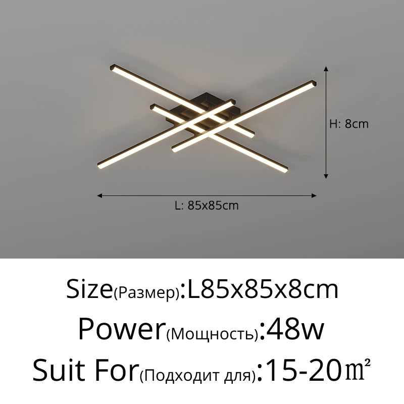 Modern Linear LED Flush Mount Ceiling Light - Black Crossed Bars Chandelier for Living Room, Dining Room & Bedroom (Dimmable with Remote Option)