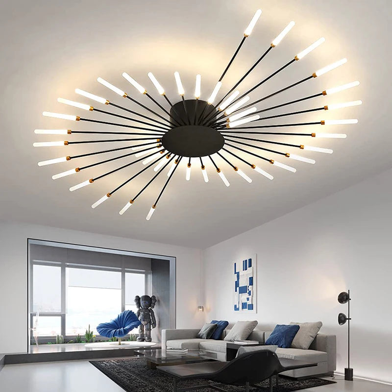 Modern Luxury Firework LED Flush Mount Ceiling Light - Gold Spoke Semi-Chandelier for Living Room, Dining Room & Bedroom (Dimmable with Remote Option)