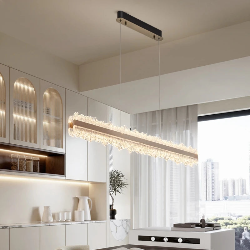 Modern Crystal-Style LED Linear Chandelier - Rose Gold Ice Glass Pendant Light for Dining Table, 40-Inch (100cm), Tricolor Light