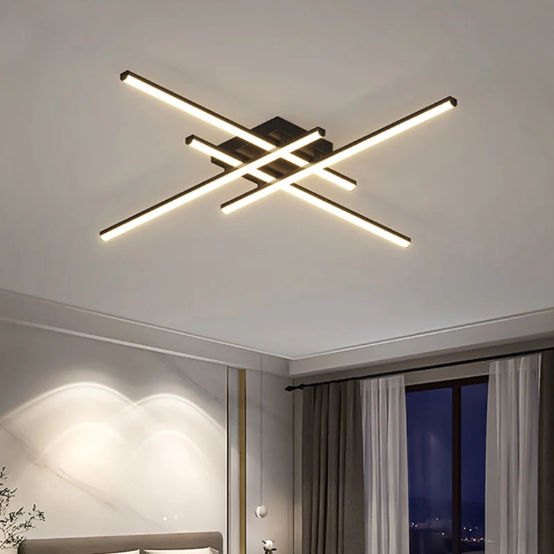 Modern Linear LED Flush Mount Ceiling Light - Black Crossed Bars Chandelier for Living Room, Dining Room & Bedroom (Dimmable with Remote Option)