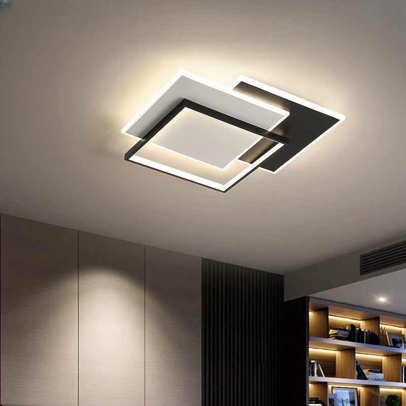 Modern Rectangle LED Ceiling Light - Ultra-Thin Minimalist Chandelier for Living Room & Kitchen, Black & White Finish, Tricolor Light