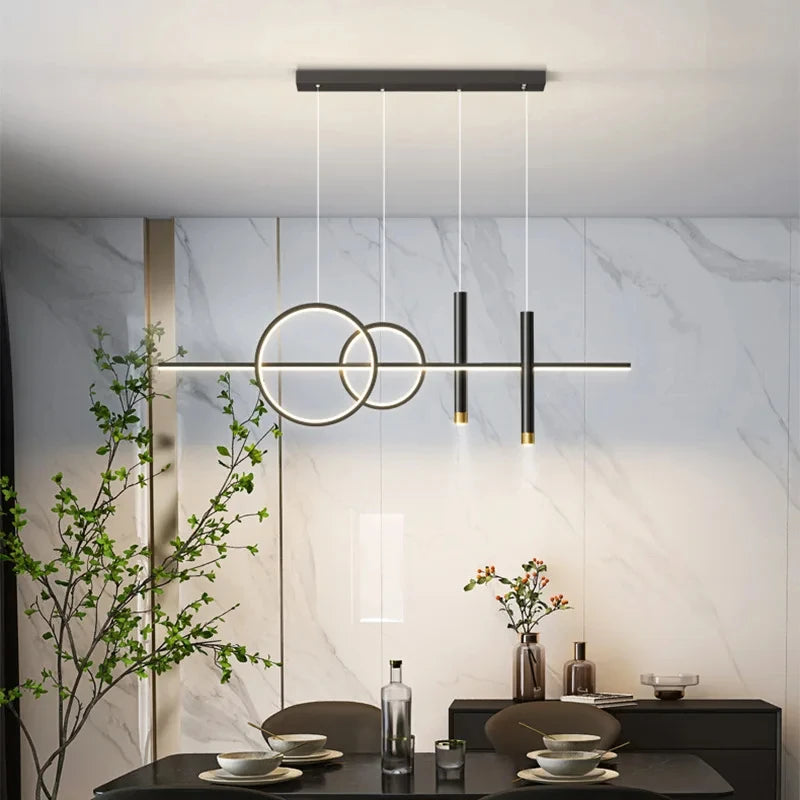 Modern Linear LED Chandelier - Minimalist Ring & Bar Pendant Light for Dining Room, 40-Inch (100cm) Golden Finish, Dimmable with Remote