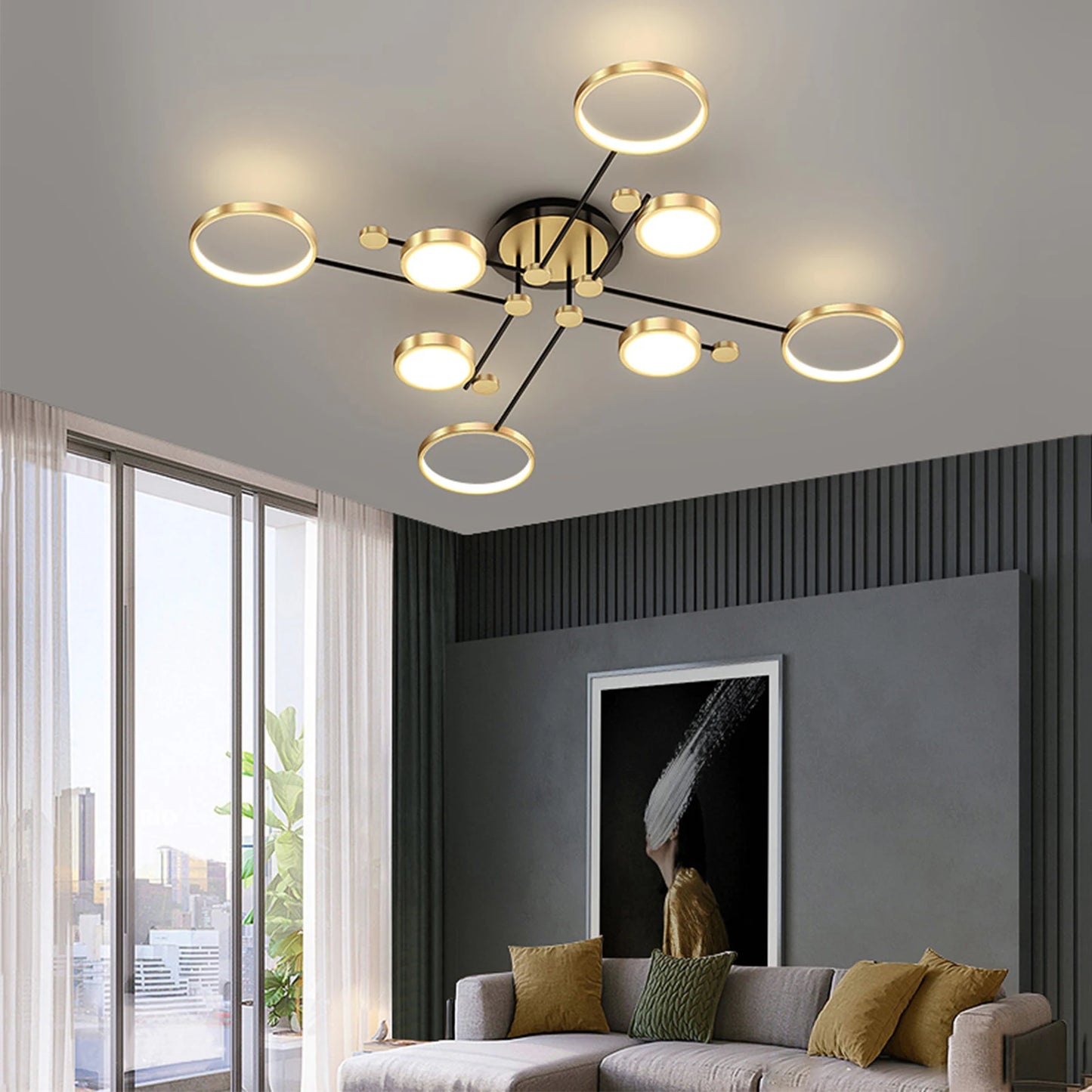 Modern Branching Rings LED Flush Mount Ceiling Light - Black & Gold 4-Head Fixture for Living Room & Bedroom (Dimmable with Remote)