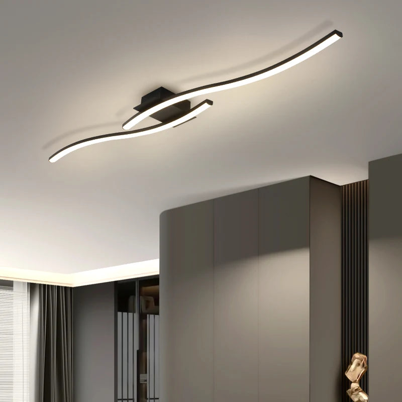 Modern S-Curve LED Flush Mount Ceiling Light - Black Linear Acrylic Fixture for Bedroom, Walk-in Closet & Hallway (Tricolor Option)