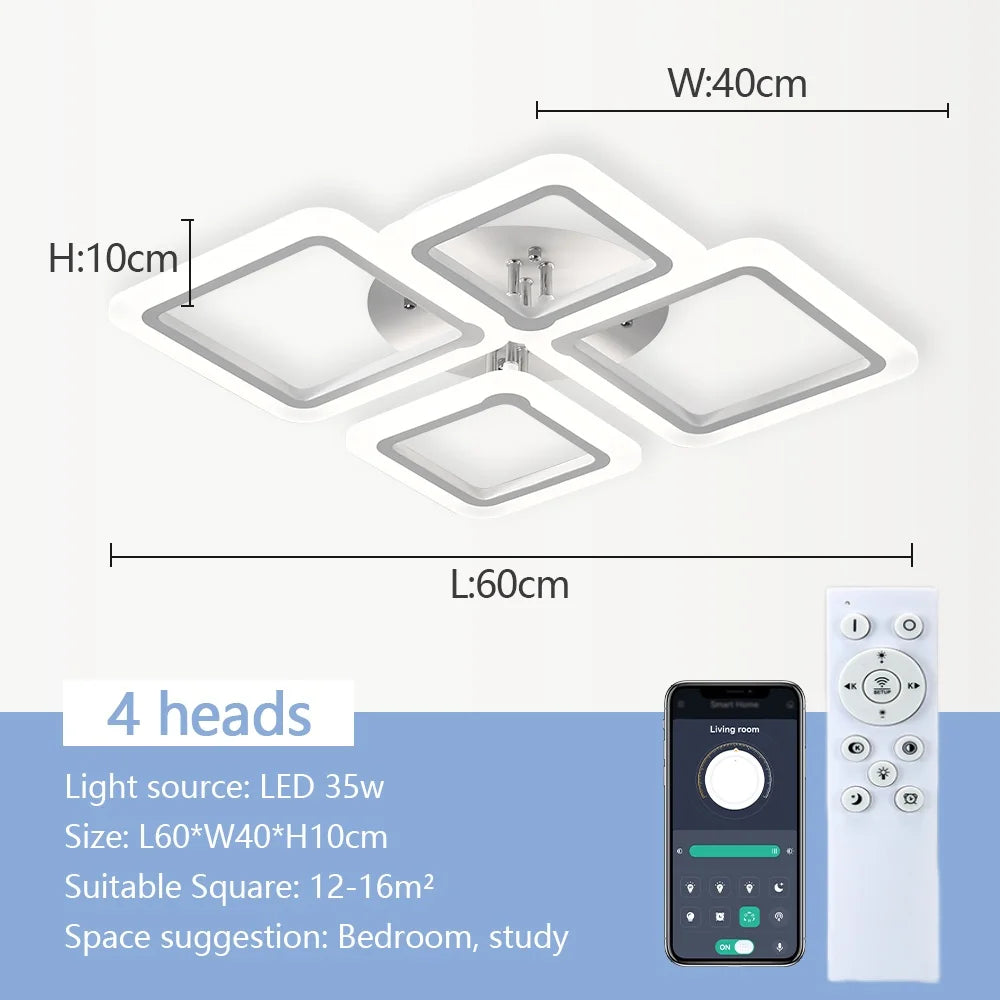 Modern Geometric Squares LED Flush Mount Ceiling Light - White Multi-Head Acrylic Fixture for Living Room & Bedroom (Dimmable with Remote Option)