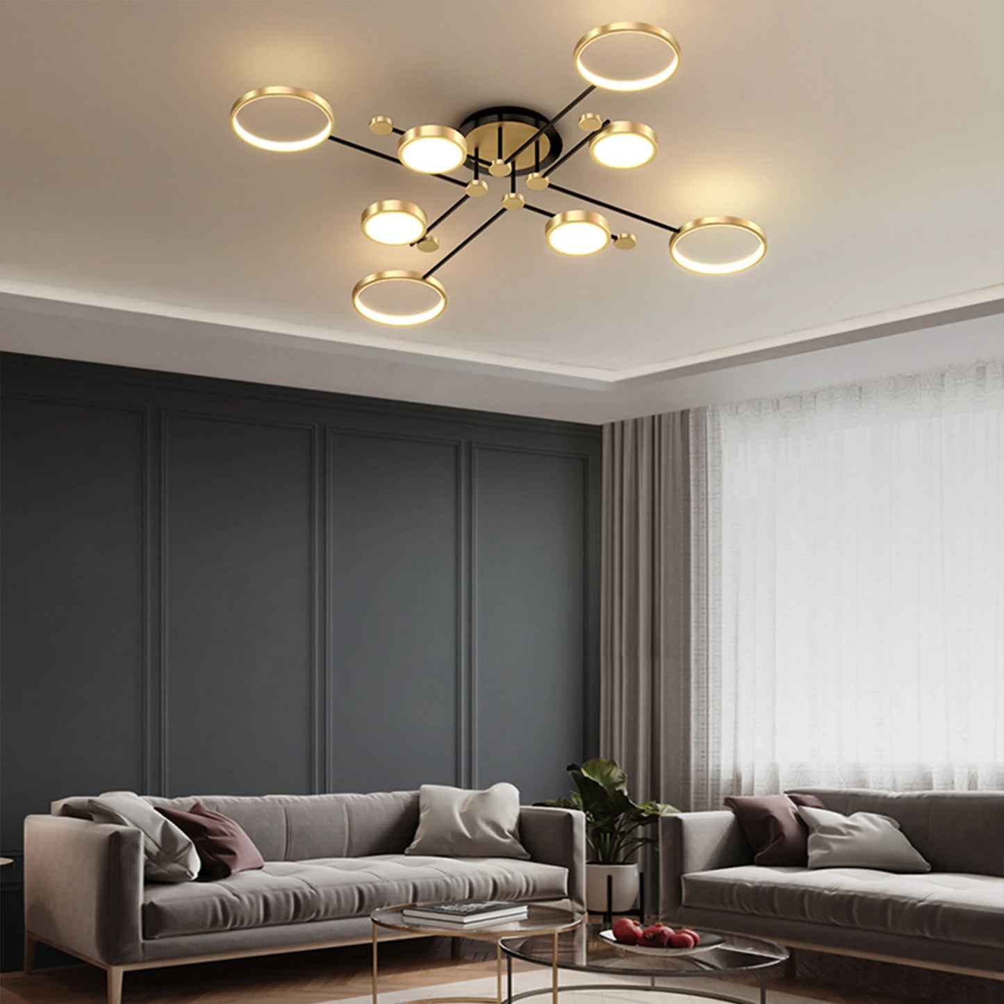 Modern Branching Rings LED Flush Mount Ceiling Light - Black & Gold 4-Head Fixture for Living Room & Bedroom (Dimmable with Remote)
