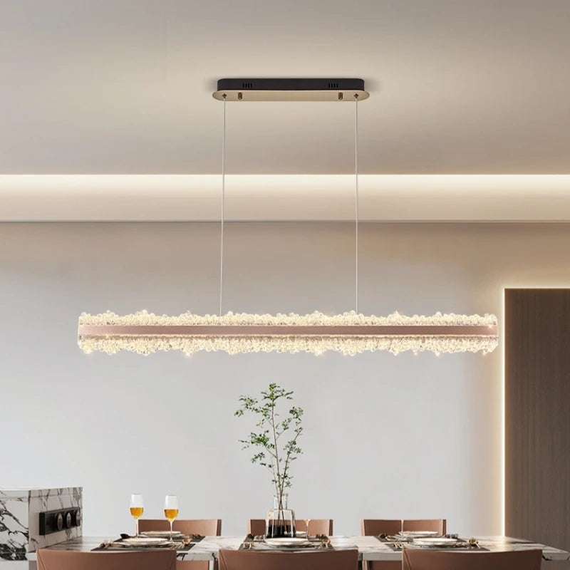 Modern Crystal-Style LED Linear Chandelier - Rose Gold Ice Glass Pendant Light for Dining Table, 40-Inch (100cm), Tricolor Light
