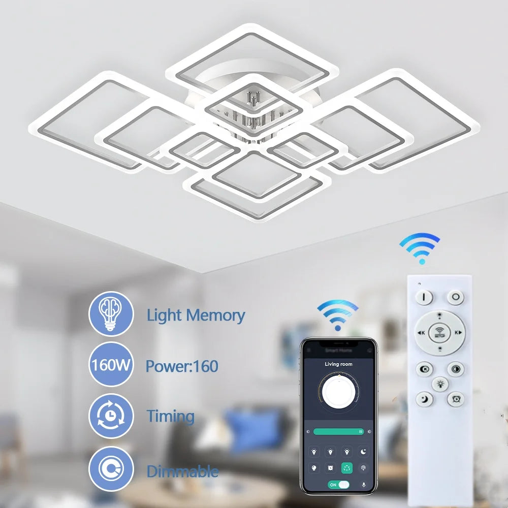 Modern Geometric Squares LED Flush Mount Ceiling Light - White Multi-Head Acrylic Fixture for Living Room & Bedroom (Dimmable with Remote Option)