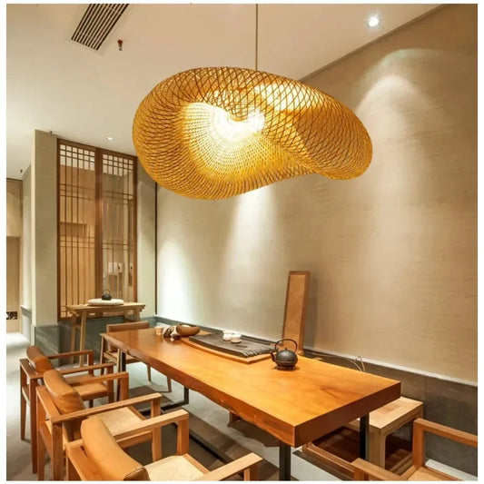 Modern Bamboo Weaving Pendant Light - Wabi-Sabi Style Hanging Lamp for Dining Room, 32-Inch (80cm) Large Handwoven Chandelier, Natural Wood Finish