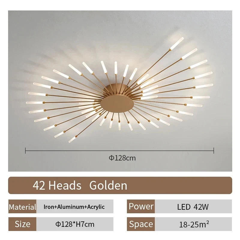 Modern Luxury Firework LED Flush Mount Ceiling Light - Gold Spoke Semi-Chandelier for Living Room, Dining Room & Bedroom (Dimmable with Remote Option)