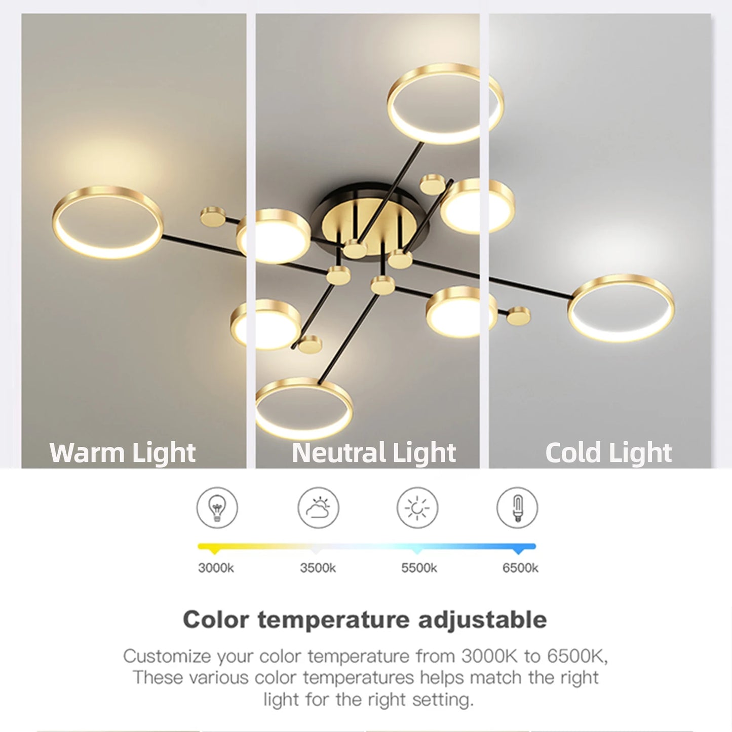 Modern Branching Rings LED Flush Mount Ceiling Light - Black & Gold 4-Head Fixture for Living Room & Bedroom (Dimmable with Remote)