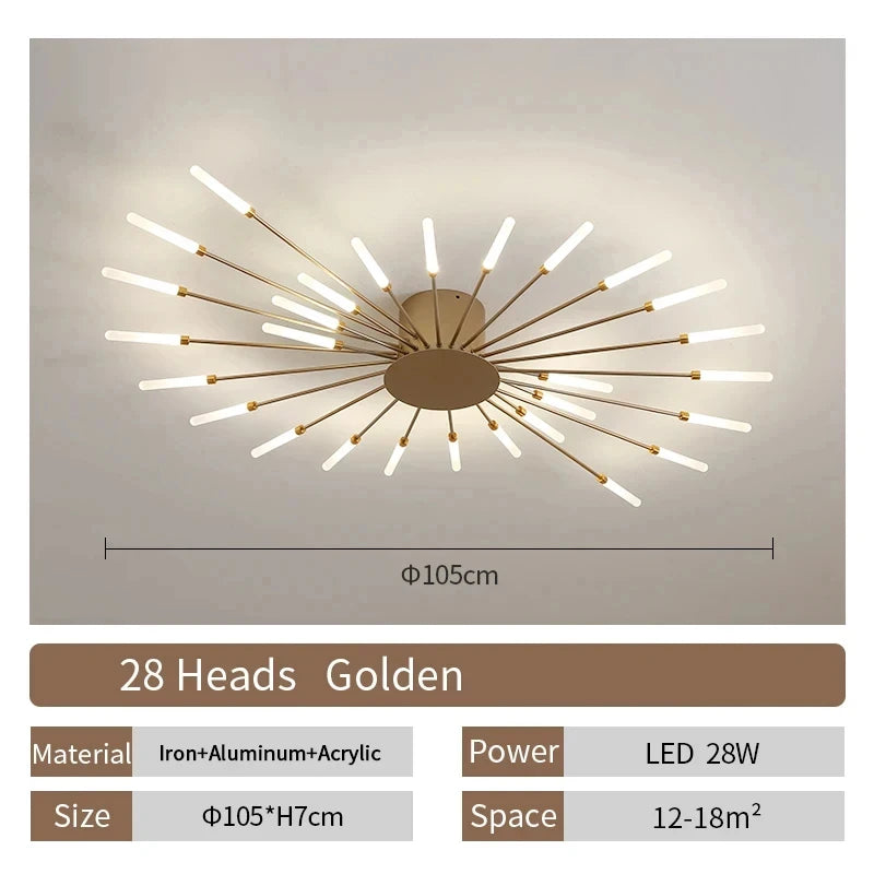 Modern Luxury Firework LED Flush Mount Ceiling Light - Gold Spoke Semi-Chandelier for Living Room, Dining Room & Bedroom (Dimmable with Remote Option)