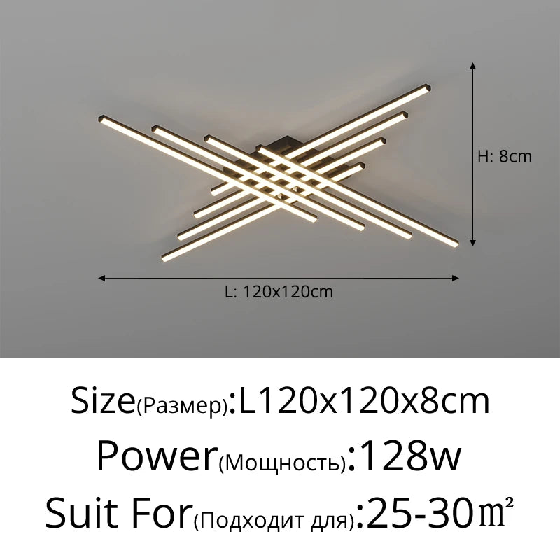 Modern Linear LED Flush Mount Ceiling Light - Black Crossed Bars Chandelier for Living Room, Dining Room & Bedroom (Dimmable with Remote Option)