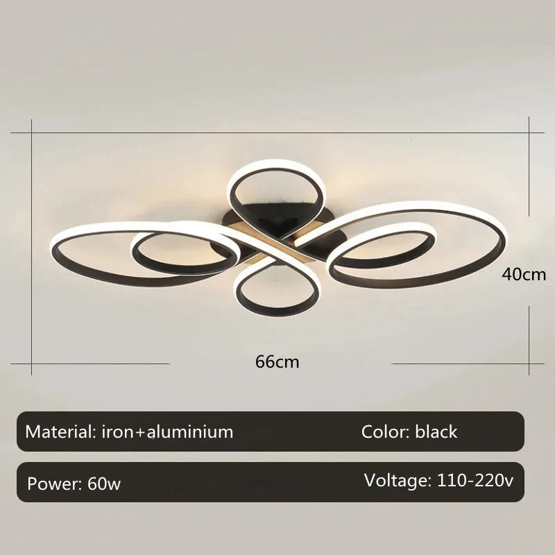 Modern Curves LED Flush Mount Ceiling Light - Black Geometric Floral Fixture for Living Room, Dining Room & Bedroom (Dimmable with Remote Option)