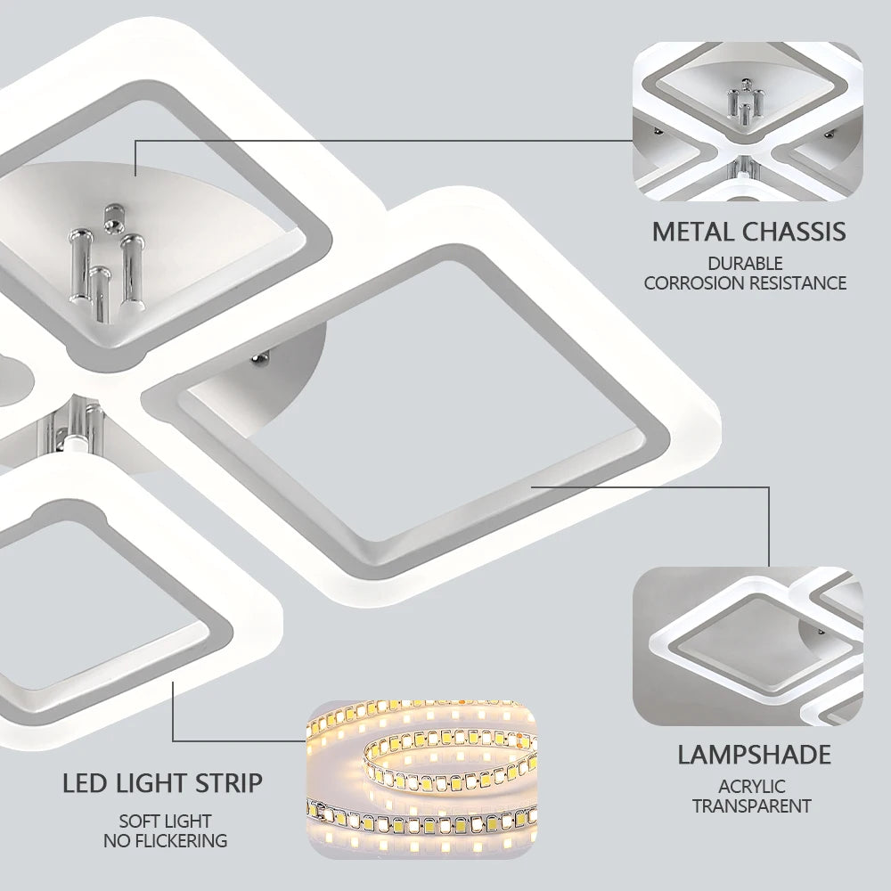 Modern Geometric Squares LED Flush Mount Ceiling Light - White Multi-Head Acrylic Fixture for Living Room & Bedroom (Dimmable with Remote Option)