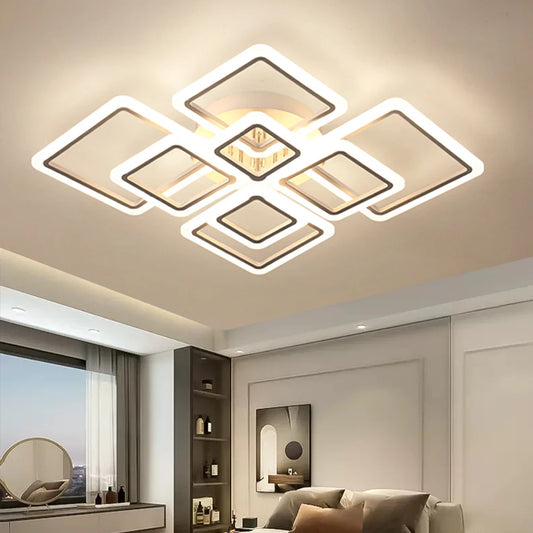 Modern Geometric Squares LED Flush Mount Ceiling Light - White Multi-Head Acrylic Fixture for Living Room & Bedroom (Dimmable with Remote Option)