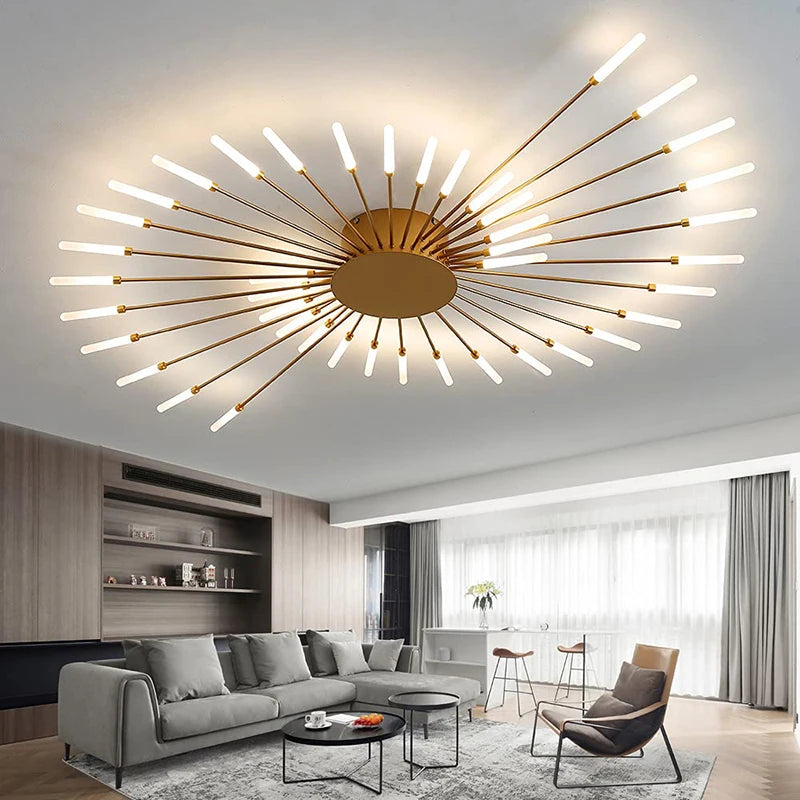 Modern Luxury Firework LED Flush Mount Ceiling Light - Gold Spoke Semi-Chandelier for Living Room, Dining Room & Bedroom (Dimmable with Remote Option)
