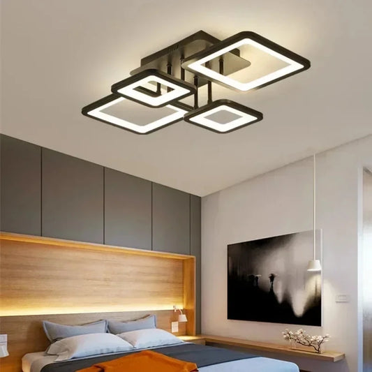 Modern Geometric Square LED Chandelier - Flush Mount Ceiling Light for Living Room, 12-Lights, Dimmable Cold White, Black & White Finish