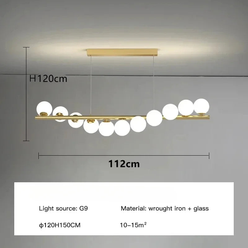 Modern Linear Globe Chandelier - 11-Light Mid-Century Pendant Lamp for Dining Room, 44-Inch (112cm) Gold Finish, Glass Sphere Lighting