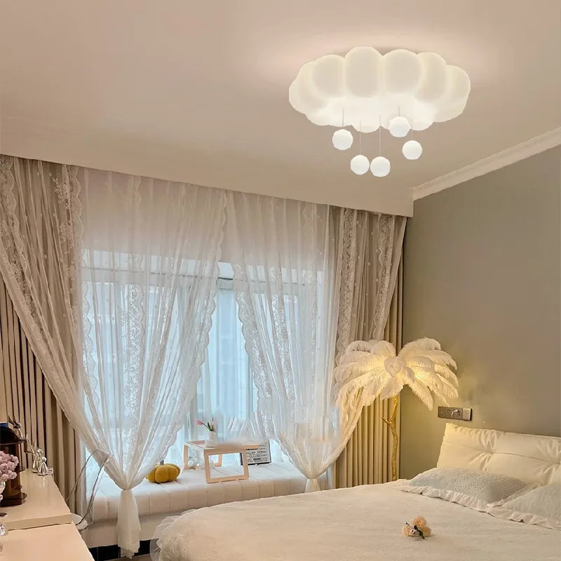 Modern White Cloud LED Flush Mount Ceiling Light - Cute Bubble Fixture with Hanging Orbs for Kids Room & Nursery (50cm, Dimmable Option)