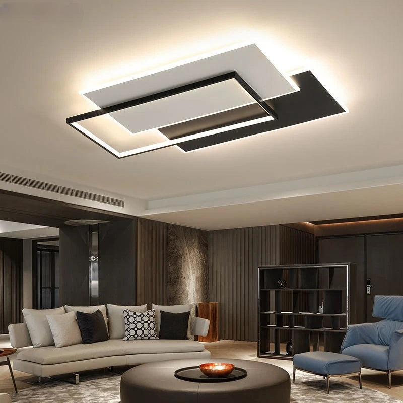 Modern Rectangle LED Ceiling Light - Ultra-Thin Minimalist Chandelier for Living Room & Kitchen, Black & White Finish, Tricolor Light
