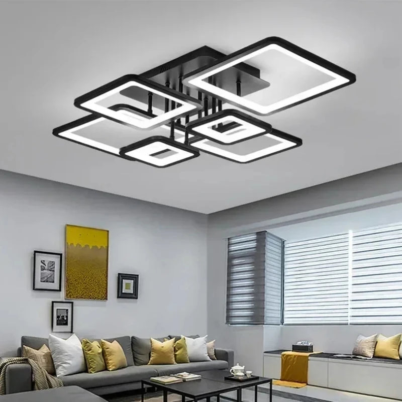 Modern Geometric Square LED Chandelier - Flush Mount Ceiling Light for Living Room, 12-Lights, Dimmable Cold White, Black & White Finish