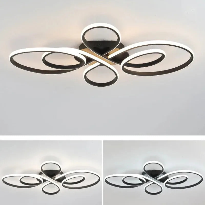 Modern Curves LED Flush Mount Ceiling Light - Black Geometric Floral Fixture for Living Room, Dining Room & Bedroom (Dimmable with Remote Option)
