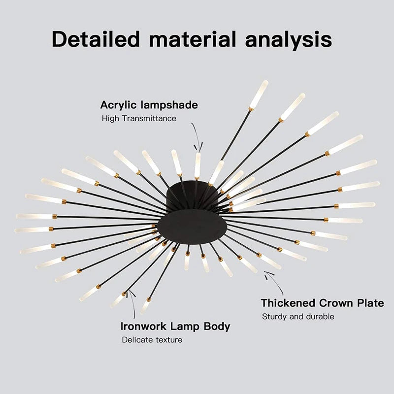 Modern Luxury Firework LED Flush Mount Ceiling Light - Gold Spoke Semi-Chandelier for Living Room, Dining Room & Bedroom (Dimmable with Remote Option)