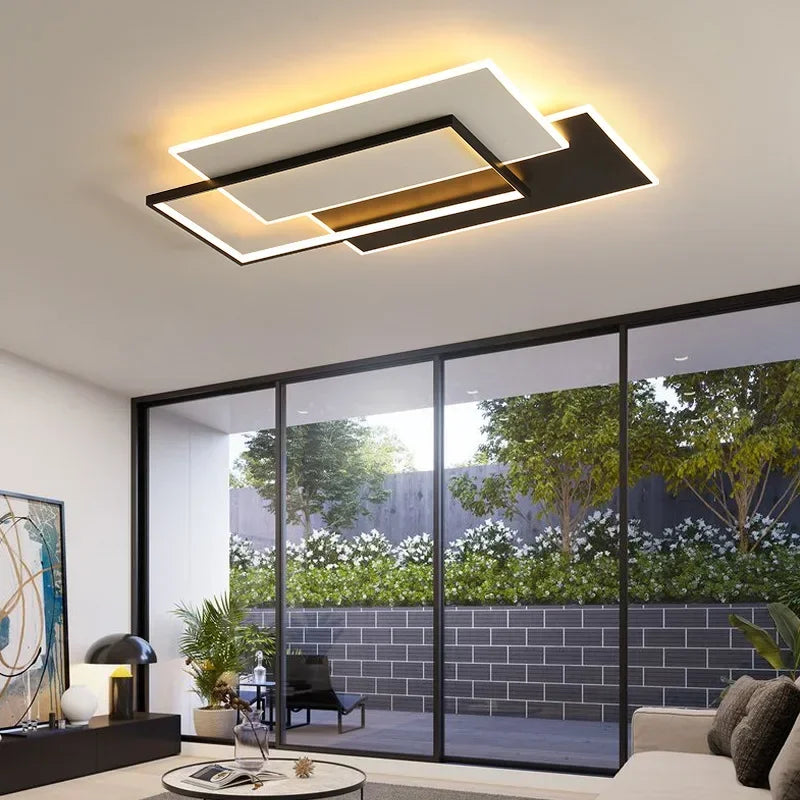 Modern Rectangle LED Ceiling Light - Ultra-Thin Minimalist Chandelier for Living Room & Kitchen, Black & White Finish, Tricolor Light