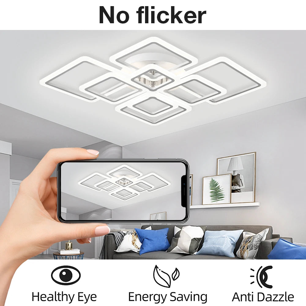 Modern Geometric Squares LED Flush Mount Ceiling Light - White Multi-Head Acrylic Fixture for Living Room & Bedroom (Dimmable with Remote Option)