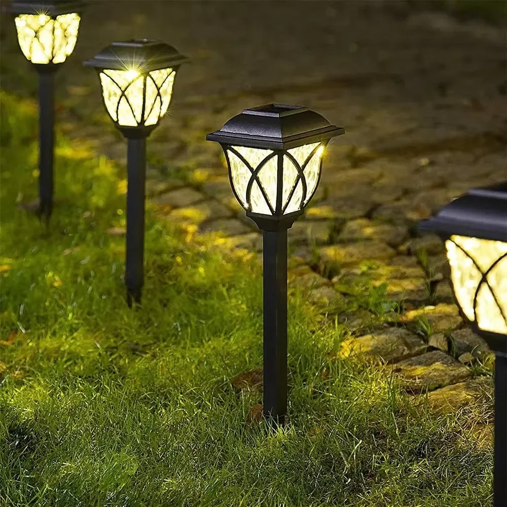 Outdoor Solar Path Lights - Waterproof LED Landscape Stake Lights with Warm White Hollow Pattern for Garden, Lawn & Walkway (Set of 2)