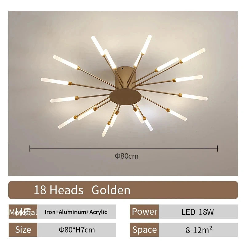 Modern Luxury Firework LED Flush Mount Ceiling Light - Gold Spoke Semi-Chandelier for Living Room, Dining Room & Bedroom (Dimmable with Remote Option)