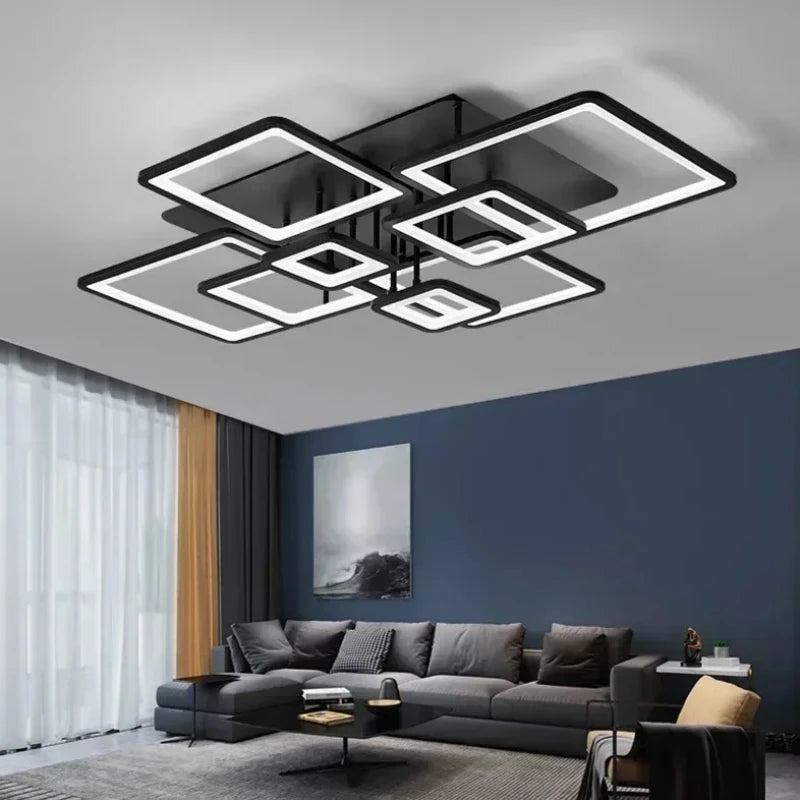 Modern Geometric Square LED Chandelier - Flush Mount Ceiling Light for Living Room, 12-Lights, Dimmable Cold White, Black & White Finish