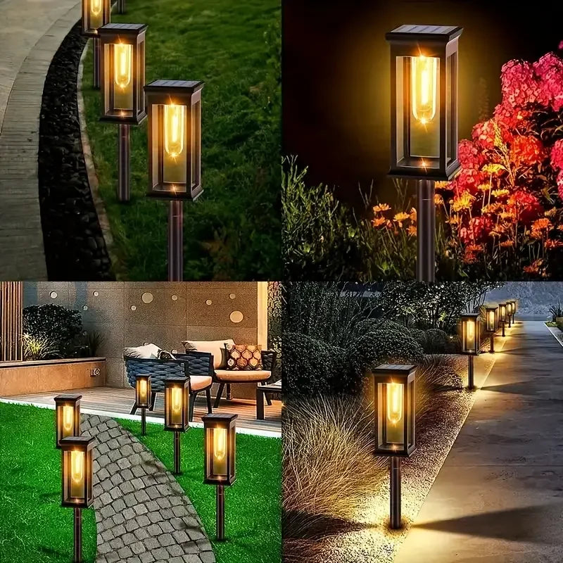 Vintage Outdoor Solar Path Lights - Waterproof Retro Garden Stake Lights with Warm Edison Bulb for Walkway, Patio & Yard (Set of 4)