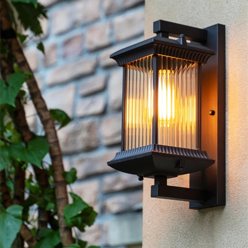 Modern Outdoor Wall Lantern with Ribbed Glass - IP65 Waterproof Metal Sconce Light for Porch & Villa Garden, Oil-Rubbed Bronze