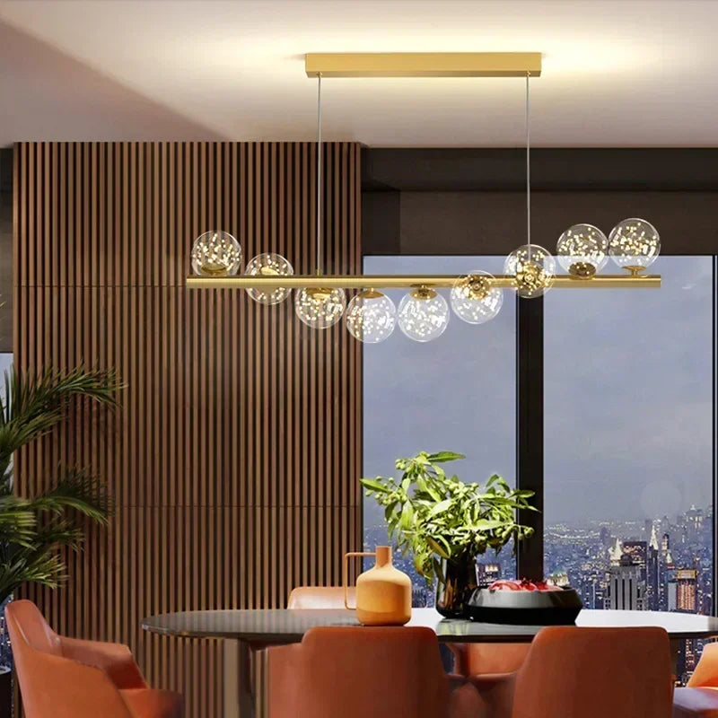 Modern Linear Globe Chandelier - 11-Light Mid-Century Pendant Lamp for Dining Room, 44-Inch (112cm) Gold Finish, Glass Sphere Lighting