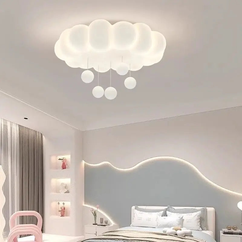 Modern White Cloud LED Flush Mount Ceiling Light - Cute Bubble Fixture with Hanging Orbs for Kids Room & Nursery (50cm, Dimmable Option)