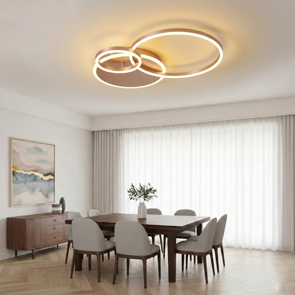 Modern Interlocking Rings LED Flush Mount Ceiling Light - Gold Acrylic Geometric Fixture for Living Room & Bedroom (Dimmable with Remote Option)